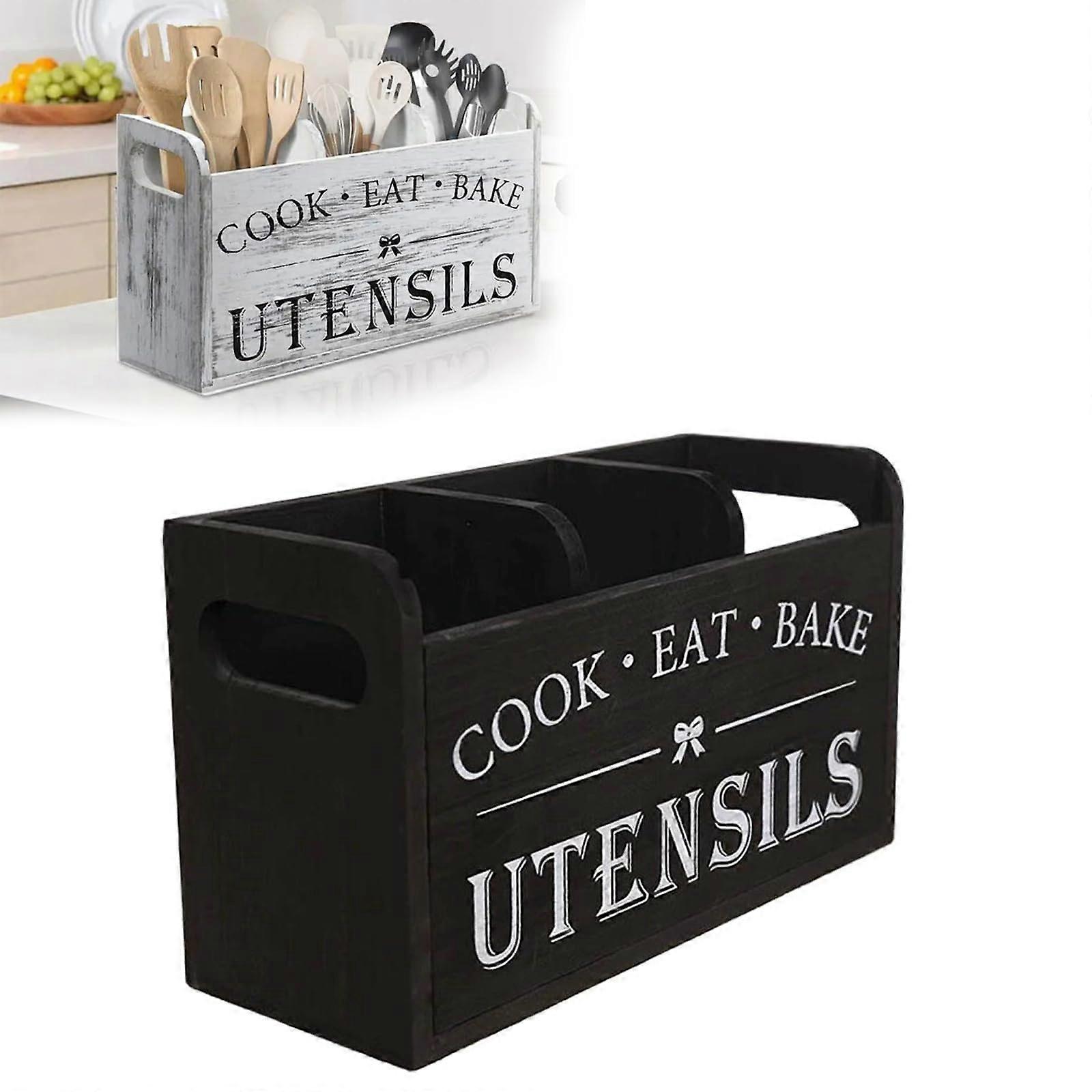 Extra Large Kitchen Utensil Holder with 4 Compartments, Rustic Wooden Countertop Organizer, Black Ref: 2001