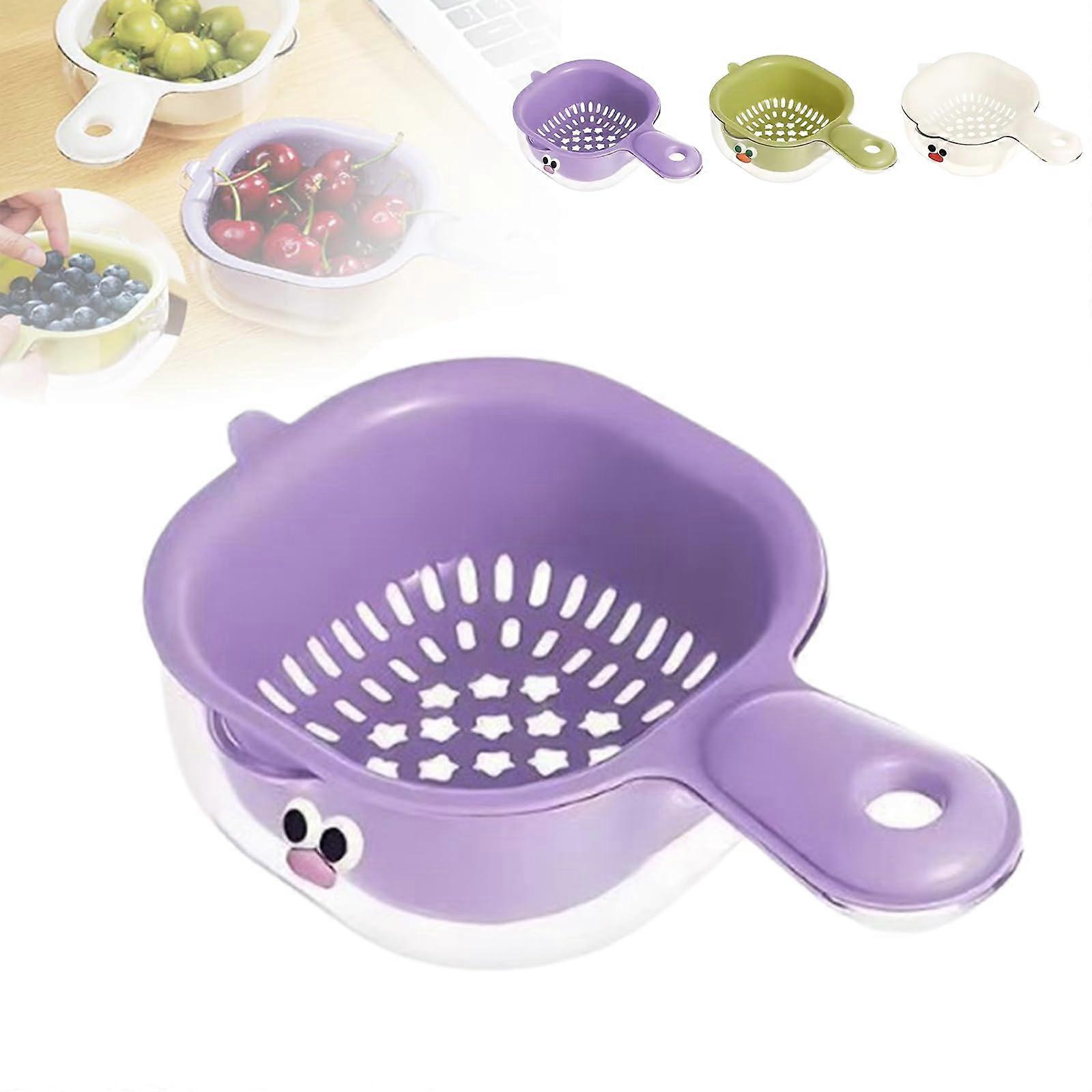 Colander with Handle Double Layer Strainer Bowl for Fruit and Vegetable Washing Purple
