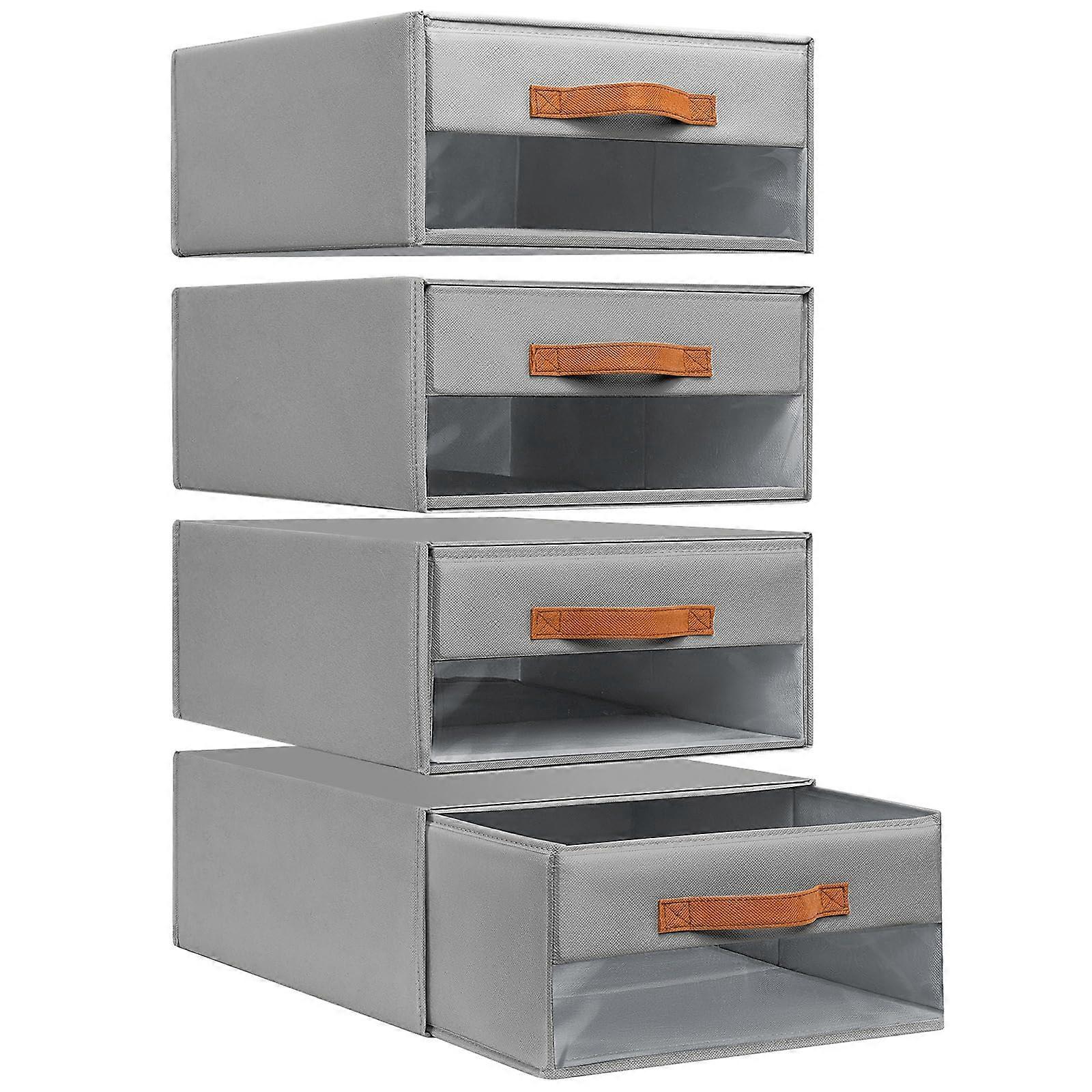 Closet Storage Bins with Clear Window Front, Foldable Stackable Drawers for Clothes, 4 Pack Grey