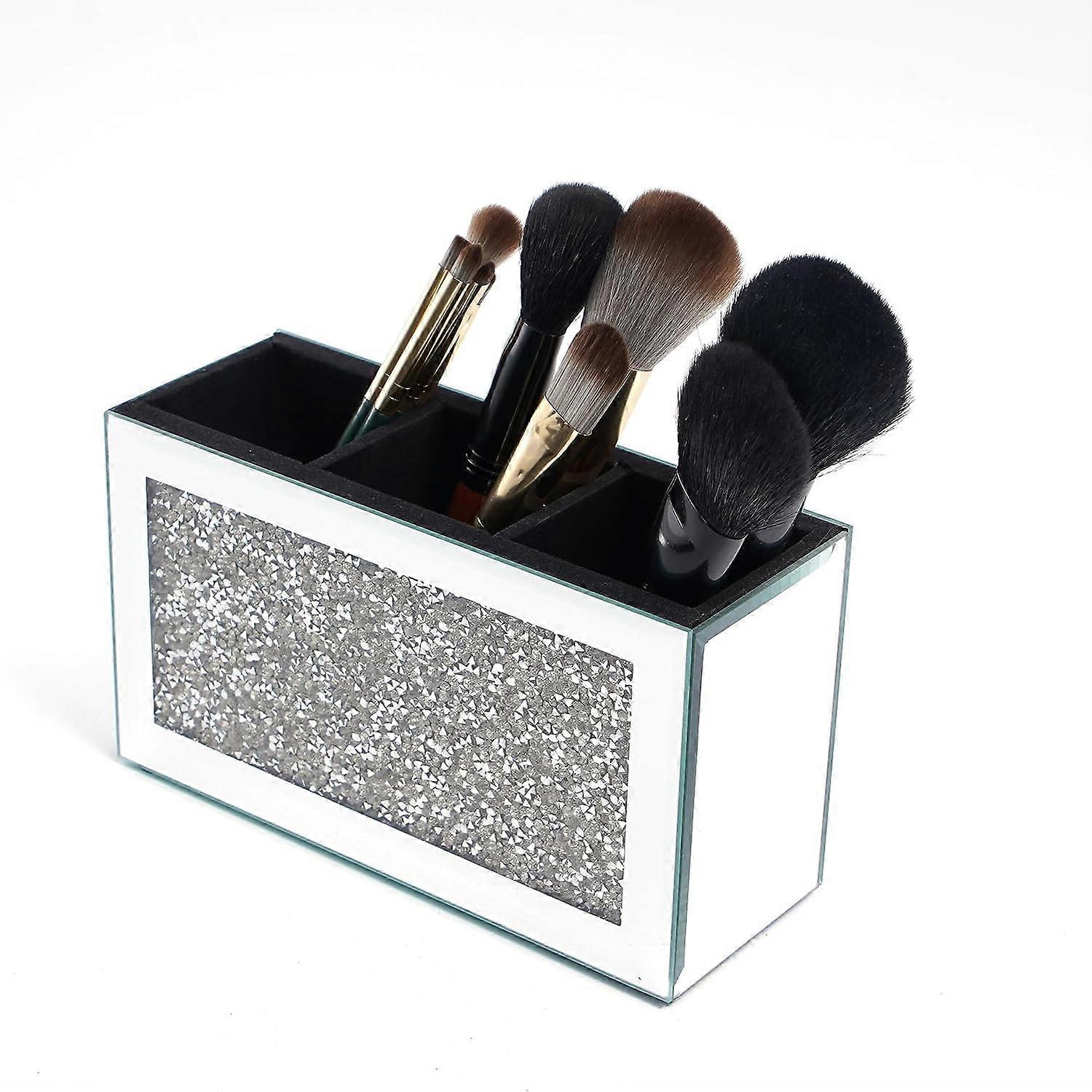 Luxury Crushed Diamond Mirrored Makeup Brush Holder for Elegant Dressing Table Décor
