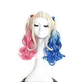 Tweekleurige golvende, medium krullende, hittebestendige synthetische cosplaypruik voor animekostuums
