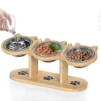 Adjustable Raised Cat Bowls Set, 15 Degree Tilted Stainless Steel Pet Feeder with Wooden Stand, 3-in-1 for Dogs and Cats