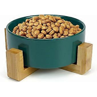 Ceramic Cat Bowl Love Bowl Non-Slip Bowl with Bamboo Stand for Dogs and Cats 400ML, Green