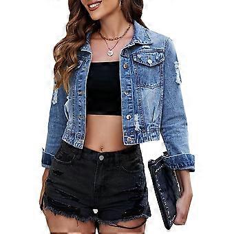 Women's Distressed Jean Jacket Frayed Raw Hem Ripped Crop Denim Jacket Coat