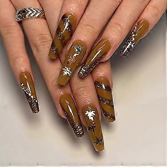 Long Coffin Press On Nails Brown Maple Leaf