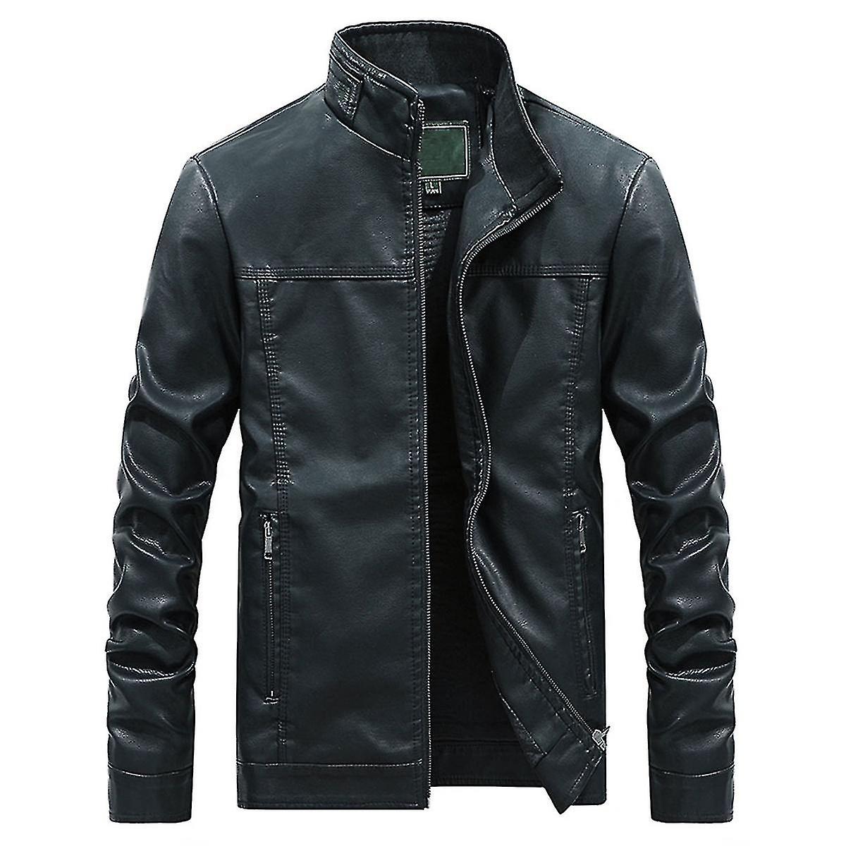 Mens Stand Collar Thickened Casual Leather Jacket
