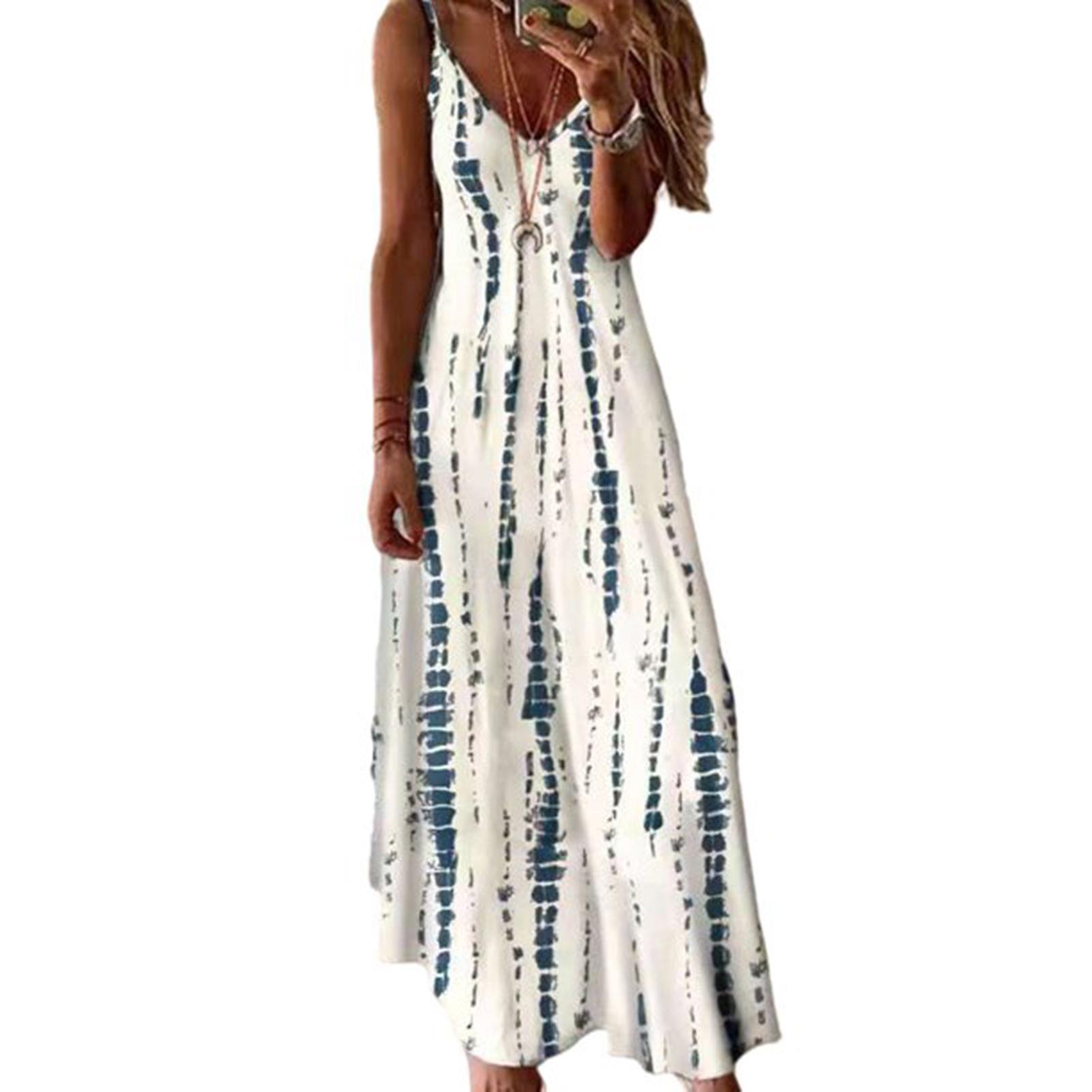 Women's V Neck Printed Long Dress Tie Dyeing Print Sleeveless Beach Long Dress