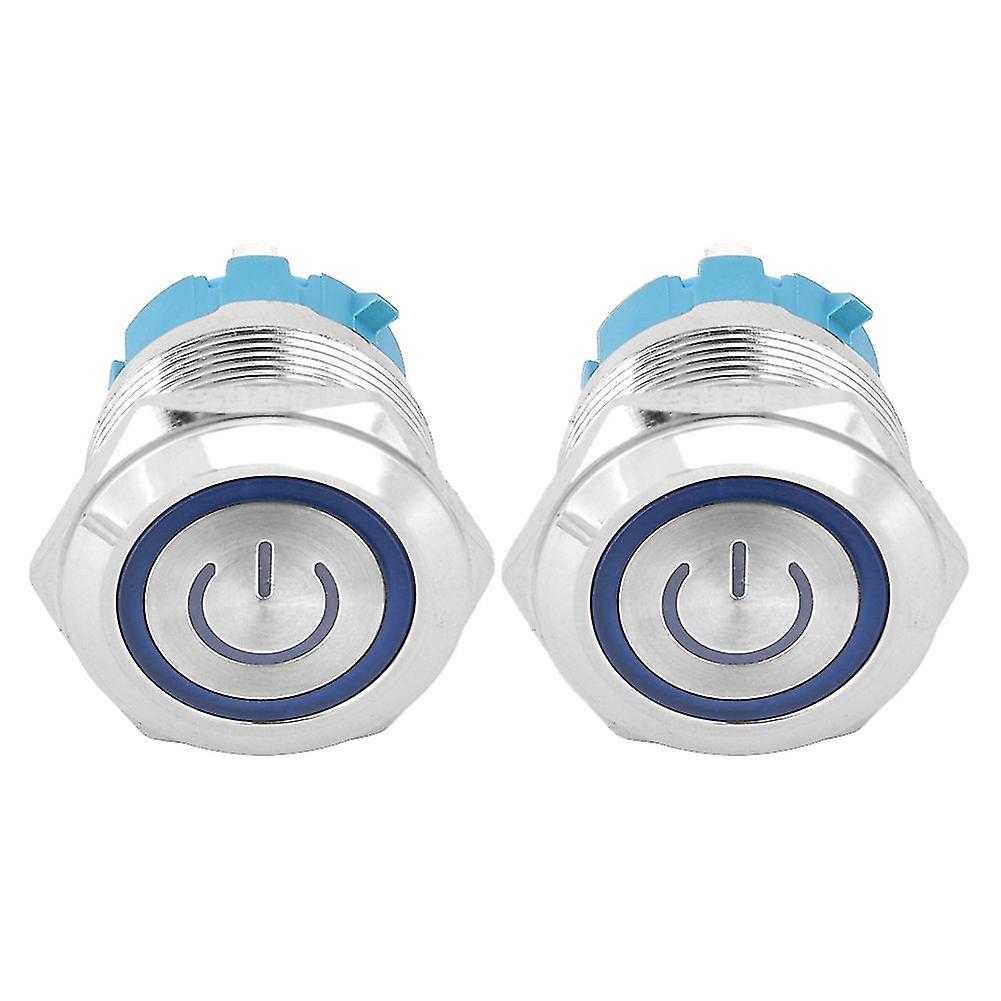 2 Pcs Button Switch Flat Head Self Reset IP65 220VAC 22mm 4 Pin Switch with Light(Blue )