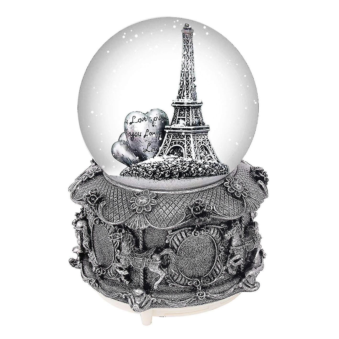 Paris Eiffel Tower Snow Globe Music Box With Automatic Snowfall And Colorful Lights, 100mm 6" Tall