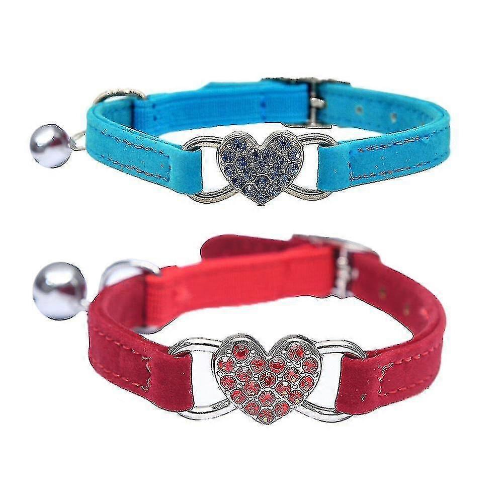 Soft Velvet Safe Cat Adjustable Collar With Crystal Heart Charm And Bells