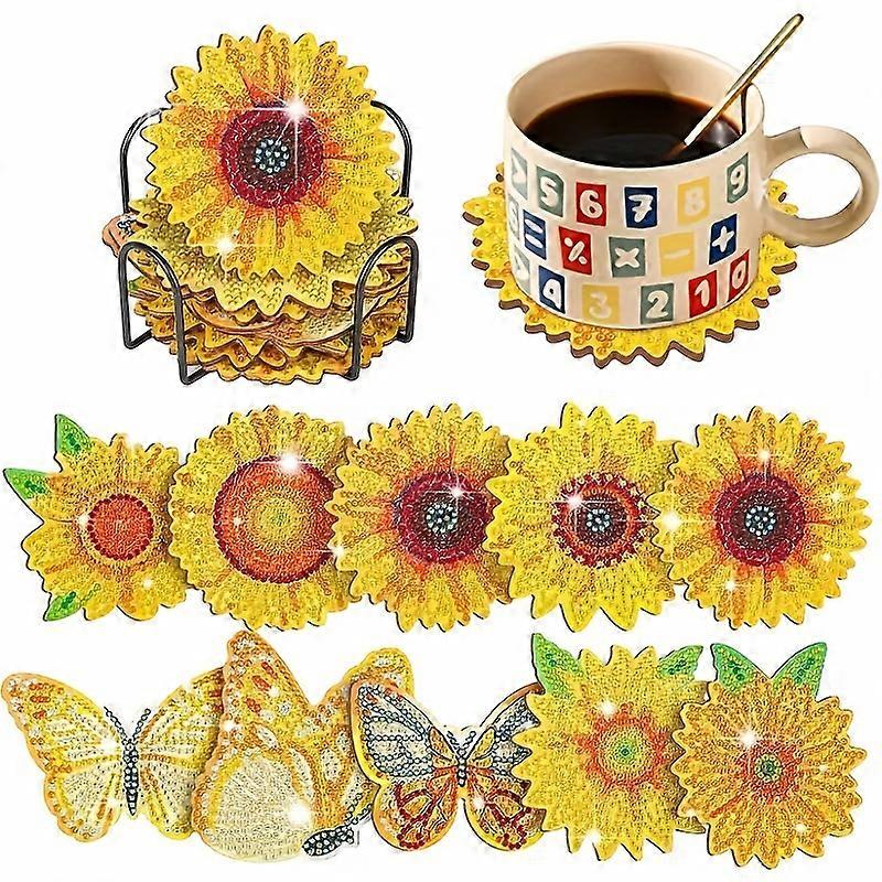 Spring Sunflower Diamond Art Kit - 10 Piece DIY Painted Coasters with Holder - Vibrant Round Gems for Beginner Adults - Add a Touch of Elegance to You