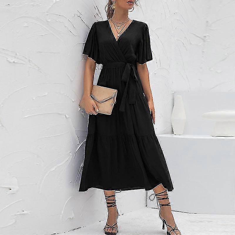 Plus Size Womens Summer V Neck Tunic Dress Ladies Solid Ruffle Hem Wrap Dresses