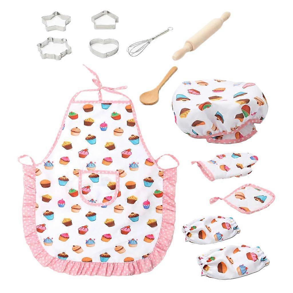 Kid Chef Role Pretend Play Toy Cap Apron Pot Pad Sets Cake Pattern 13PCS