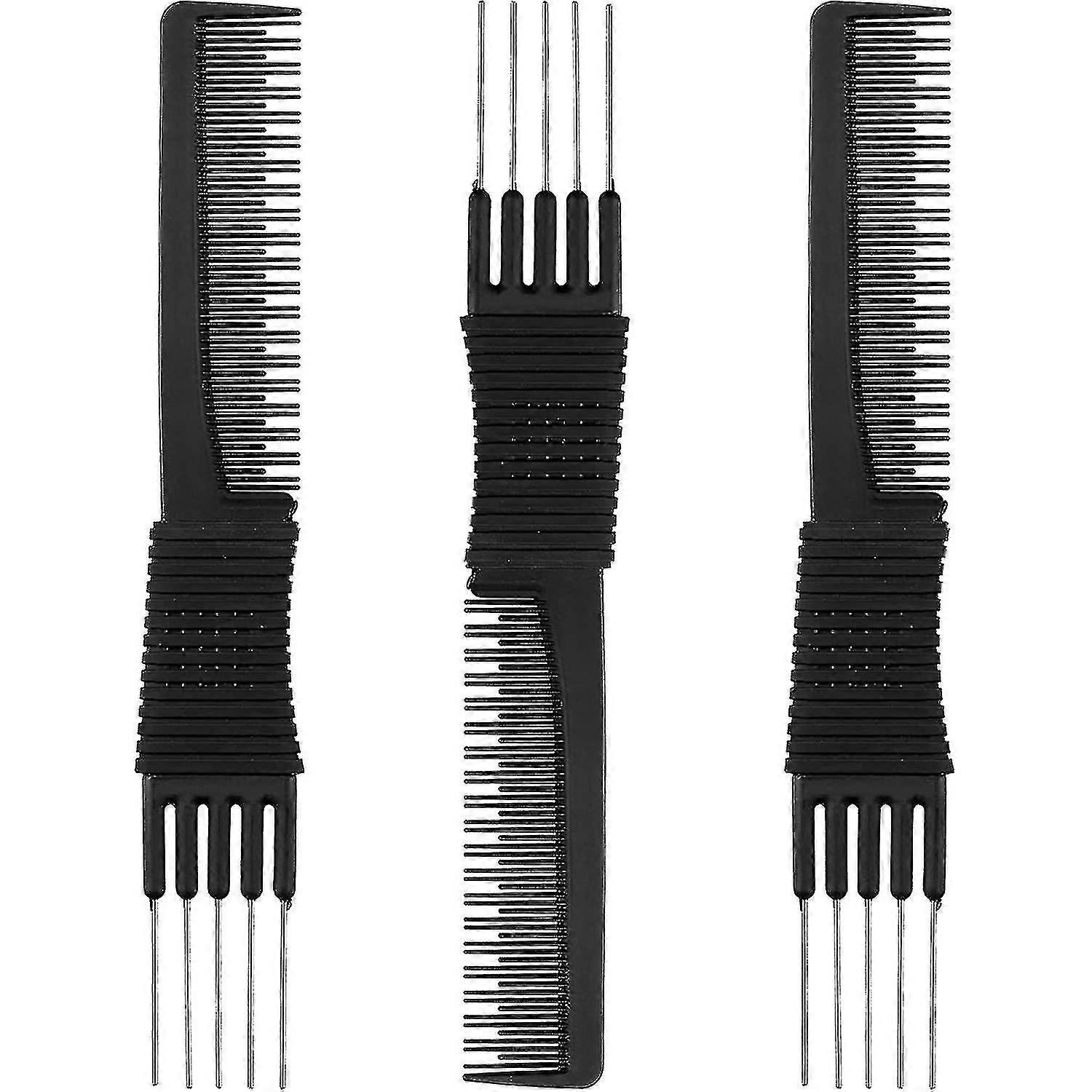 3 パックカーボンリフトからかいコームメタルプロング、サロンからかい背中の櫛ステンレススチールリフト付きカーボンコーム(ブラック)
