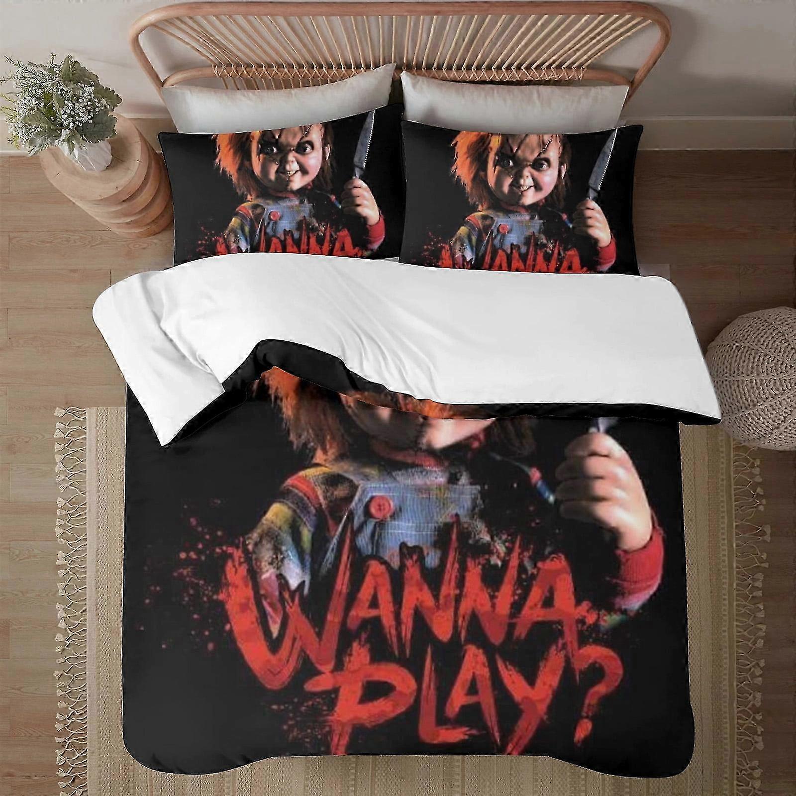 v1167 Draps de lit Halloween Chucky SoftEnsemble de literie de housse de couette imprimée en 3D avec housse de couetteL’ensemble de 3 pièces comprend des taies d’oreiller et une housse Mhine (1 Duv