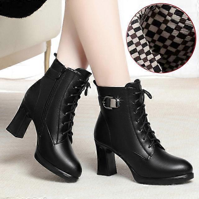 Women Mon Cotton Shoes Retro Lace Up Chunky High HeelsAnkle Boots