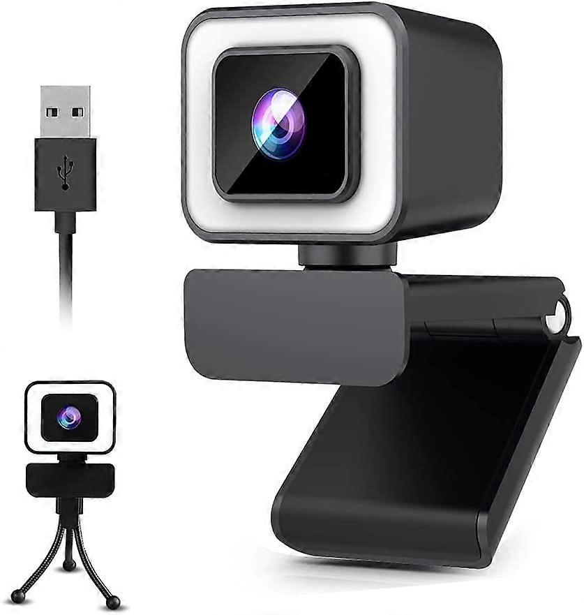 Webcam 1080P, caméra Web 2K avec objectif portrait autofocus, lumière avec éclairage réglable