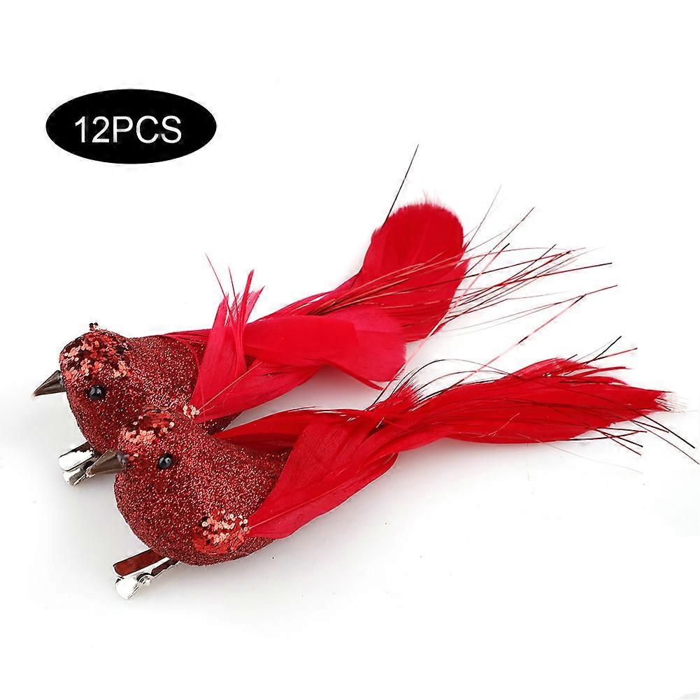 12pcs Clip On Cardinal Christmas Tree Ornaments with Red Feathers