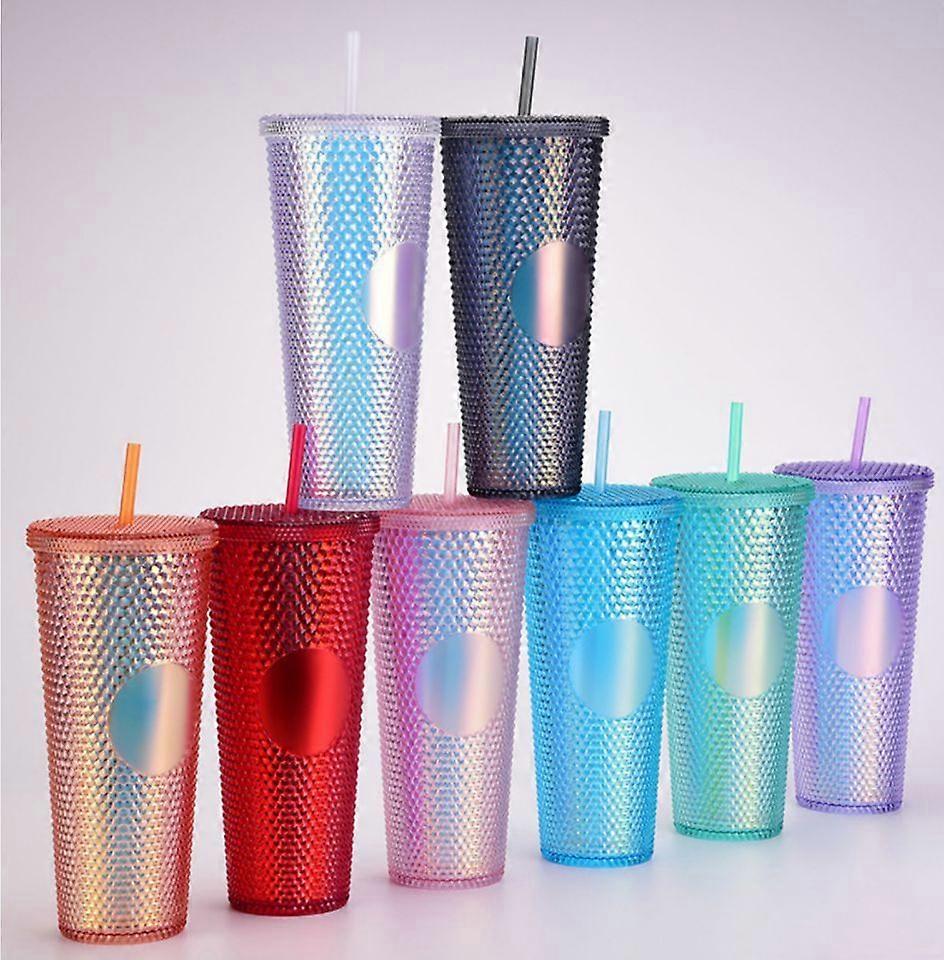 SBSG Double-layer plastic straw cup large capacity creative 710ml durian cup hand cup portable diamond cupsky blue