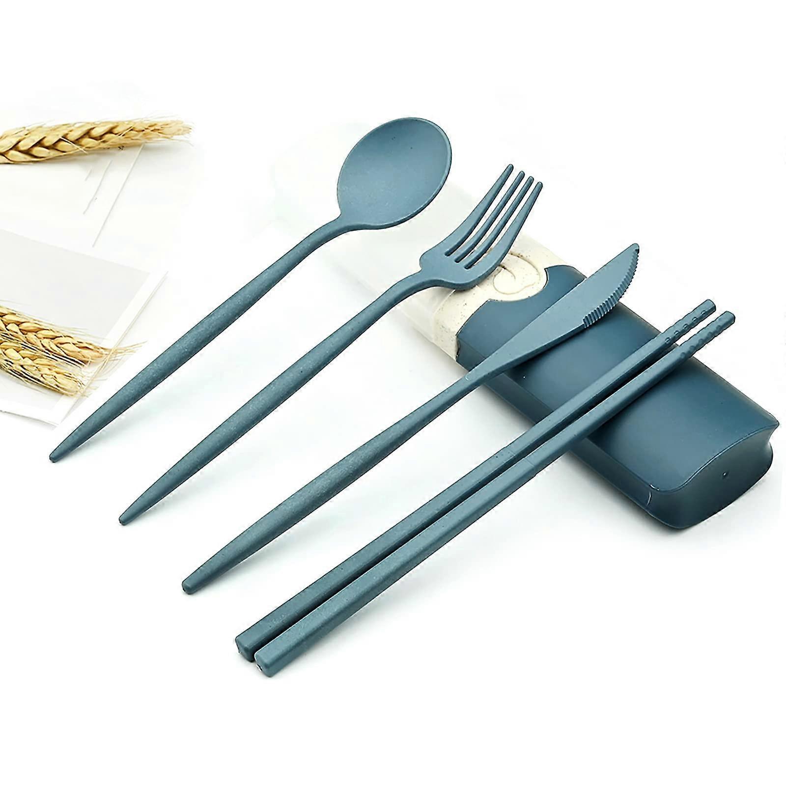 Blue Lightweight Travel Utensil Set - 4 Sets with Wheat Straw Case, Reusable Spoon, Forks, and Chopsticks for Picnic and Camping
