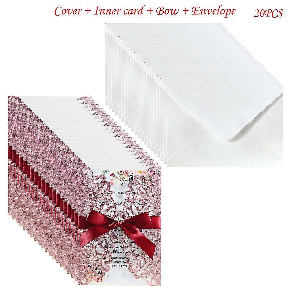 Pink20pcs Glitter Hollow Invitations Cards with Envelopes Ribbon for Wedding Invite