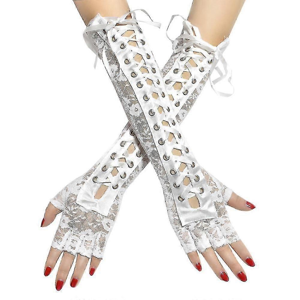Lace Winter Elbow Length Half Finger Gloves Ribbon Fingerless Fishnet Party Gloves