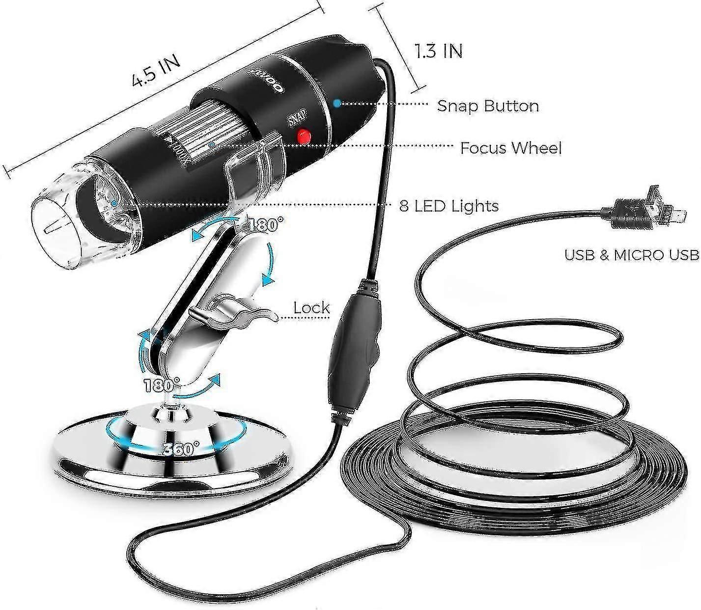 Usb Microscope 8 Led Usb 2.0 Digital Microscope, 40 To 1000x Magnification Endoscope Min