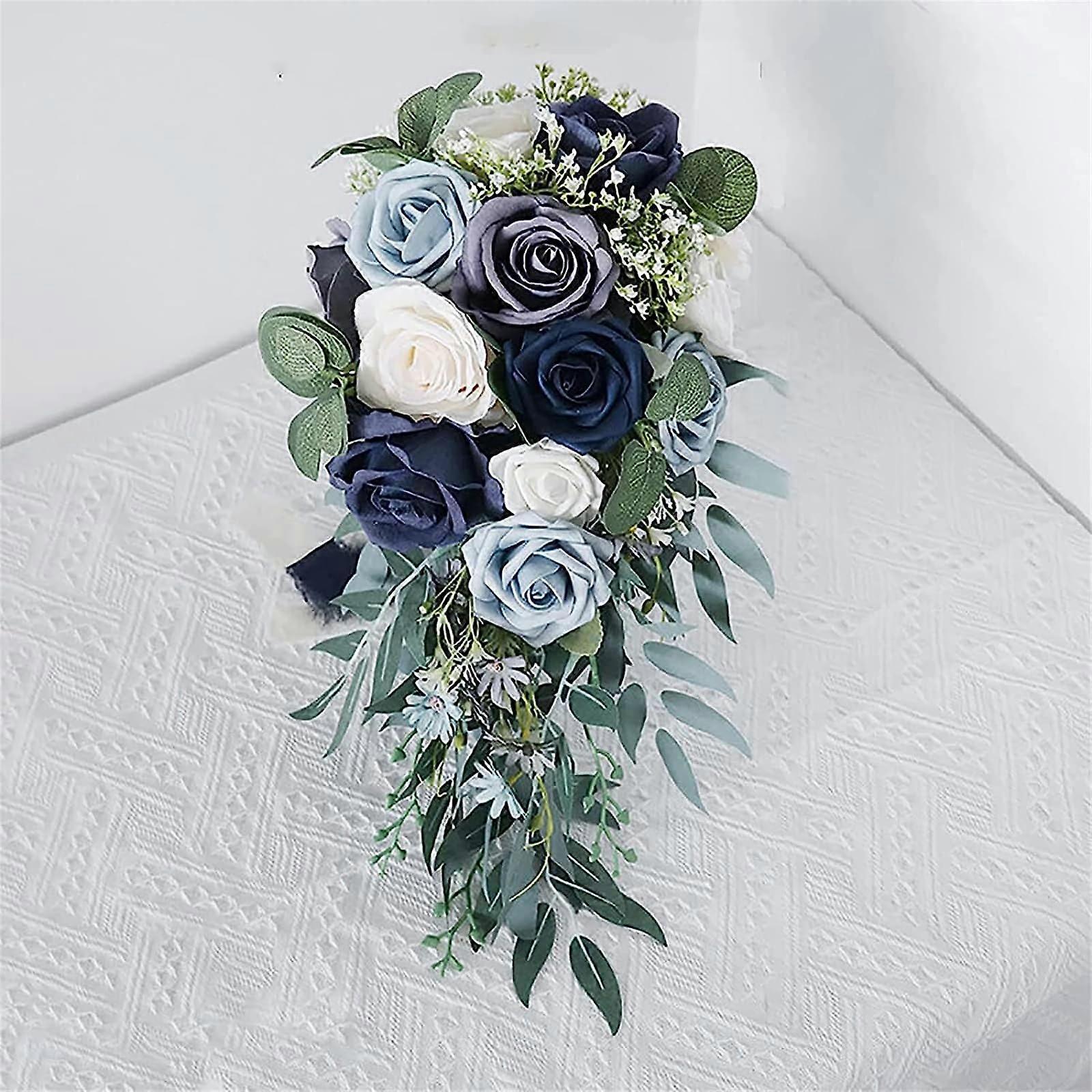Artificial wedding bouquet bride, Artificial rose wedding bouquets for the bride, romantic teardrop shape(Blue)