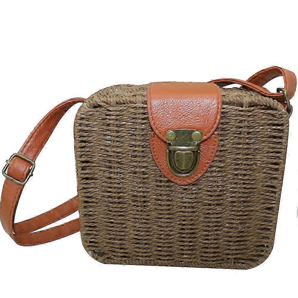 レディース ブラウン ウーブン ストロー スクエア ショルダーバッグ