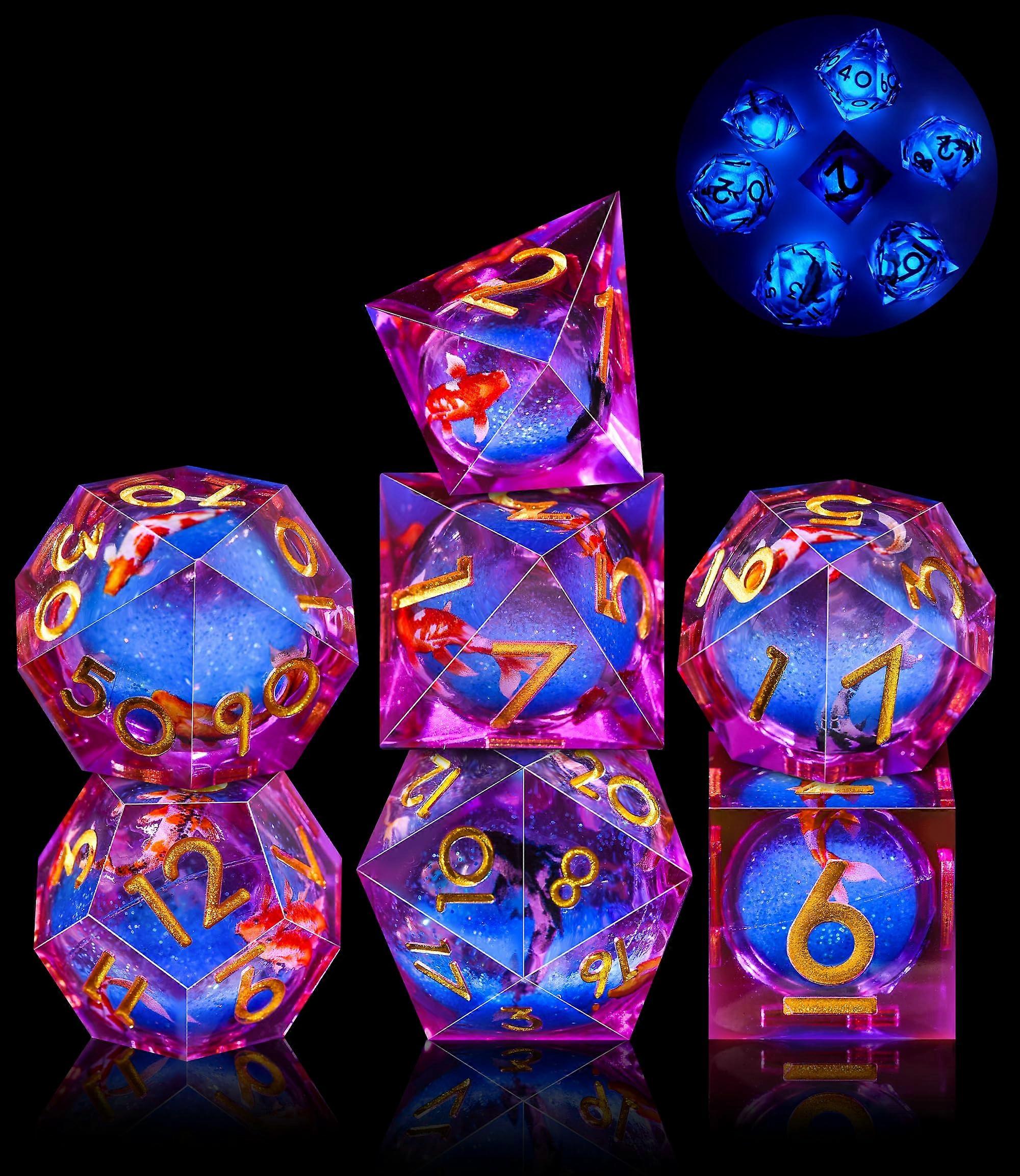 Glow In The Dark Koi Fish Resin Polyhedral Dice Set - 7 Die Sharp Edge, Dungeons & Dragons Compatible, Violet & Blue