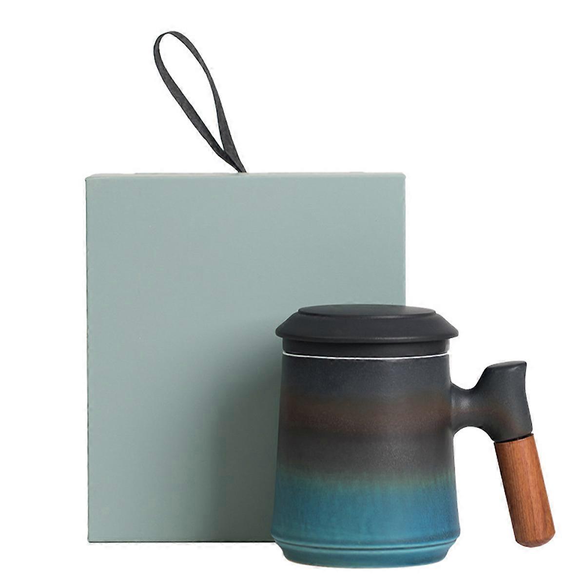 Ceramic Tea Mug with Wood Lid for Home and Office 14X12CM 1 Set