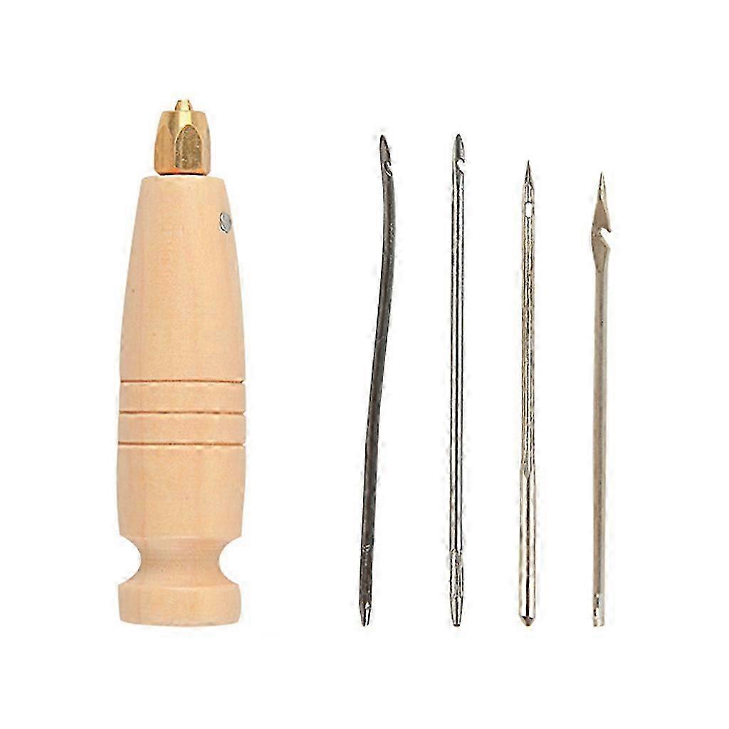 4 In 1 Leather Craft Cloth Hole Punch Tool Point Stitching Awl Tool Wood Handle--