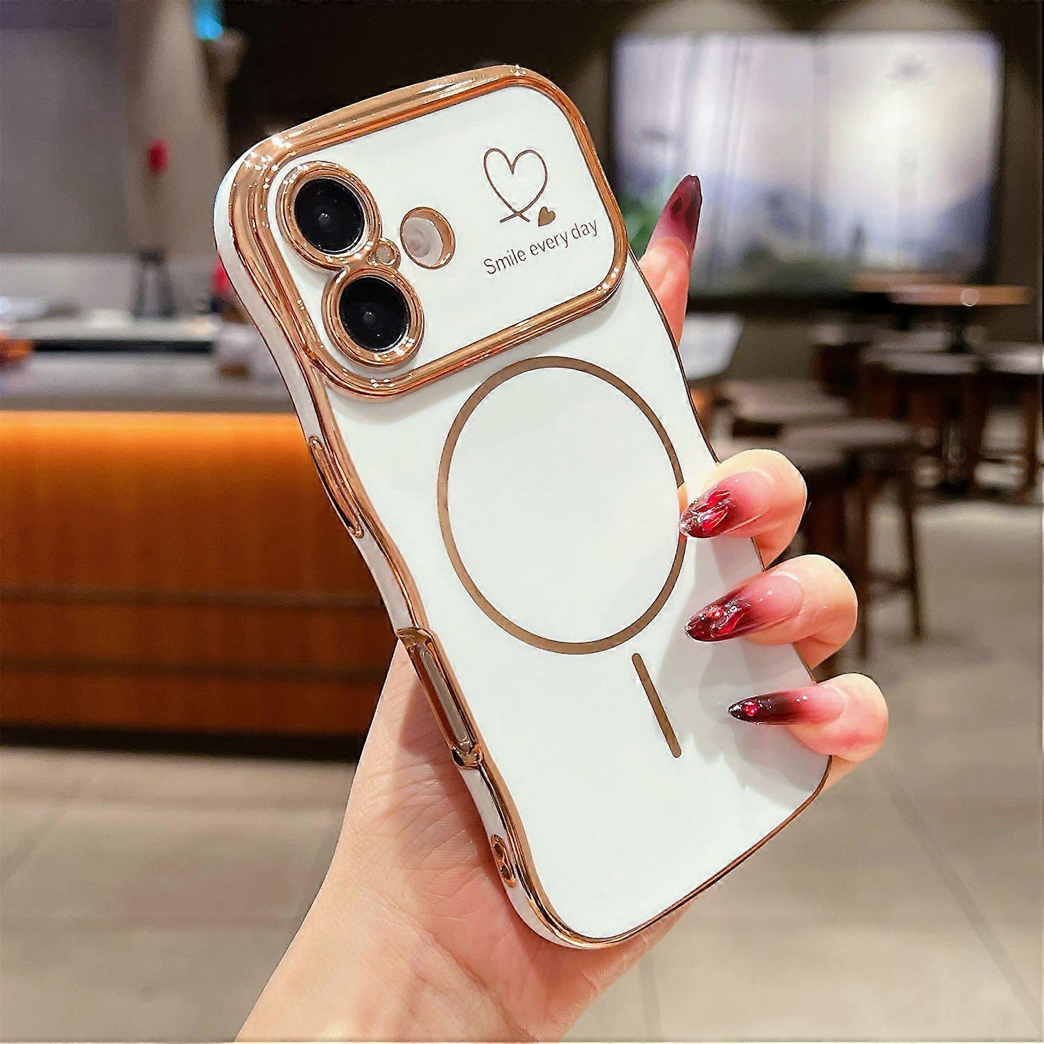 For iPhone 16 Plus Magnetic Case Electroplating Wave Edge TPU Phone Cover Heart Pattern