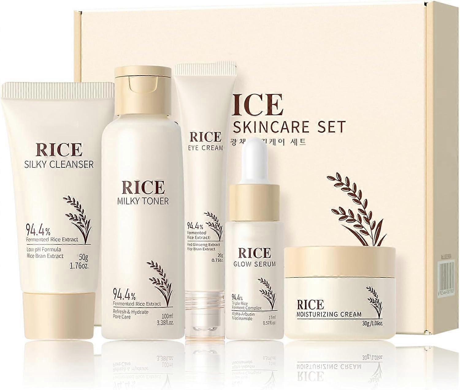 韓国のスキンケアセット、ガラススキンケアセット、ライススキンケアセット-ライスクレンザー、化粧水、美容液、クリーム、アイクリーム、輝く肌のためのフェイシャルキット、ギフトセット