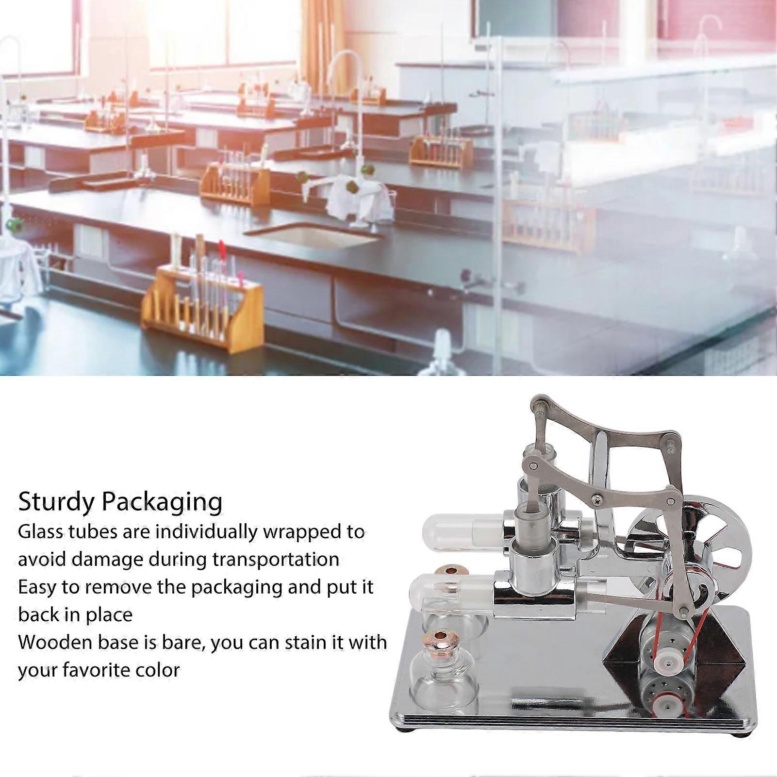 Stirling Engine Model Kit Early Educational Double Cylinder All Metal Wooden Base Stirling Engine Motor Model for Science Physics Experiment Silver