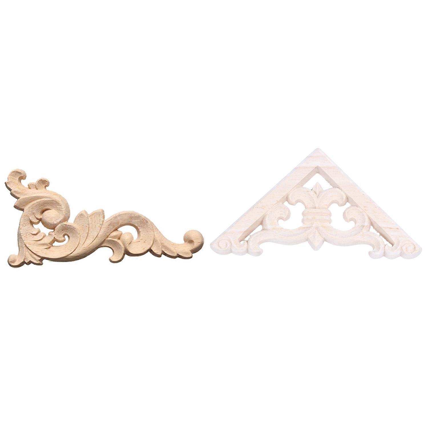 2 Pcs Wood Carved Corner Onlay Applique Decor Furniture Craft Unpainted, 8 X 8cm & 12 X 6cm