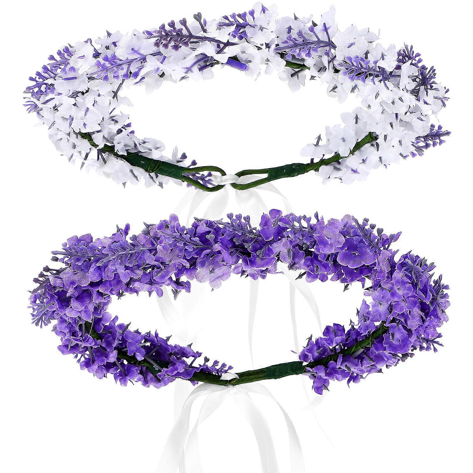 2 Pcs Artificial Floral Crowns with Ribbon Soft Bohemian Flower Headpieces for Wedding, Seaside, Vacation, Party, Photo Props