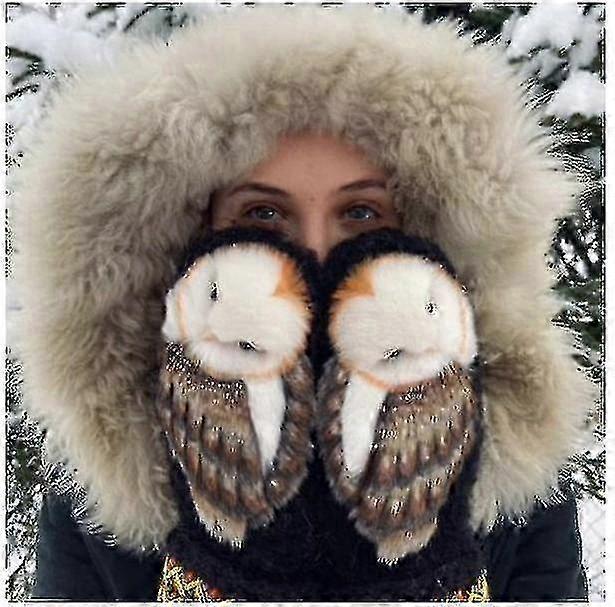 Nordic style mittens for cold days, wool with hand knitted owls