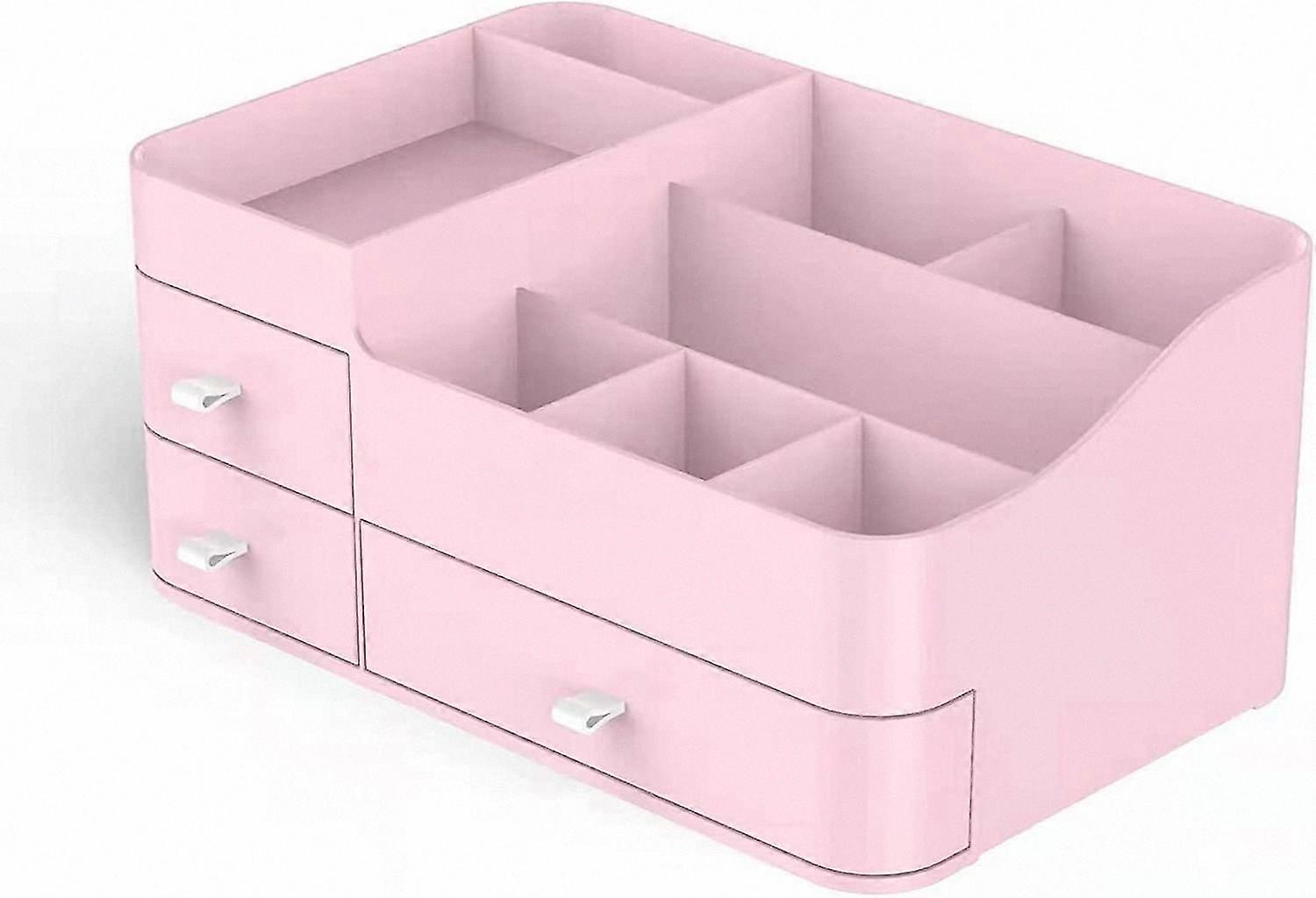 Compact Cosmetic Storage Case with Drawer for Desk Organization (Pink)