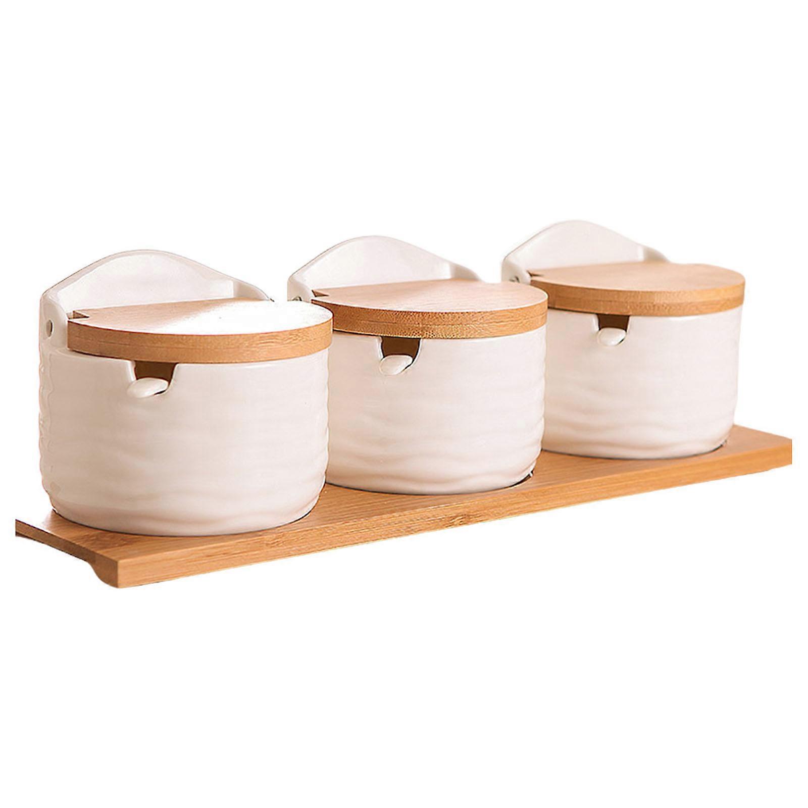 Ceramic Salt Container Set with Spoon for Kitchen Countertop Storage Bamboos Lid Spices Jar Practical Seasoning Box Multicolor