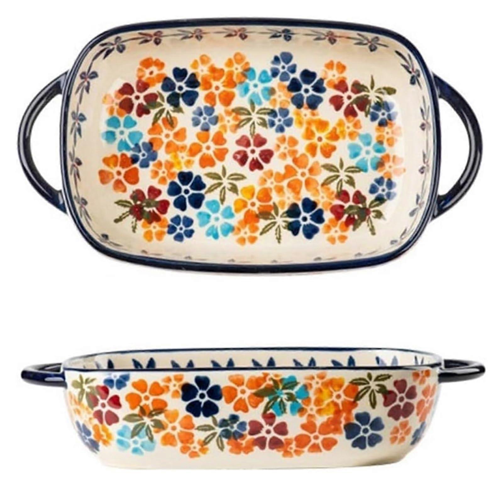 Baking Dish Ceramic Oven Plate With Handle 19.5cm Temperature Resistant Bakeware Vintage Tableware