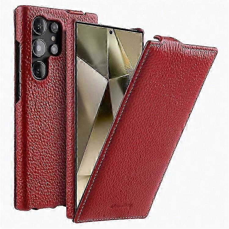 MELKCO Compatible For Samsung Galaxy S24 Ultra Case Genuine Cow Leather Phone Cover Vertical Up and Down Flip