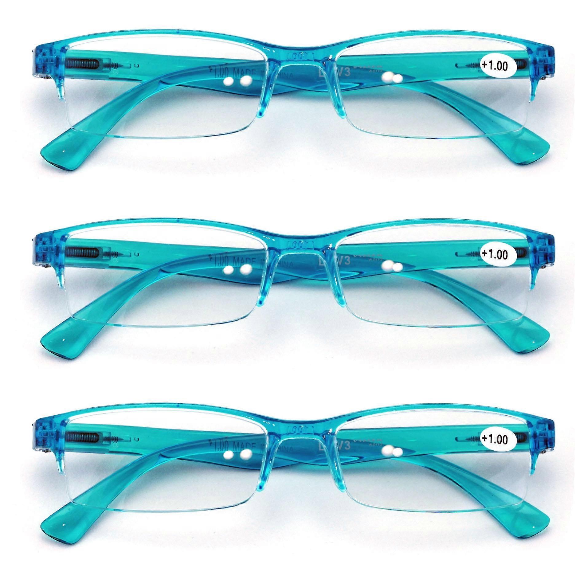 3 Pairs Lightweight Rectangular Unisex Readers with Spring Hinge - Clear Blue Black Reading Glasses - Spring Hinge +4.00