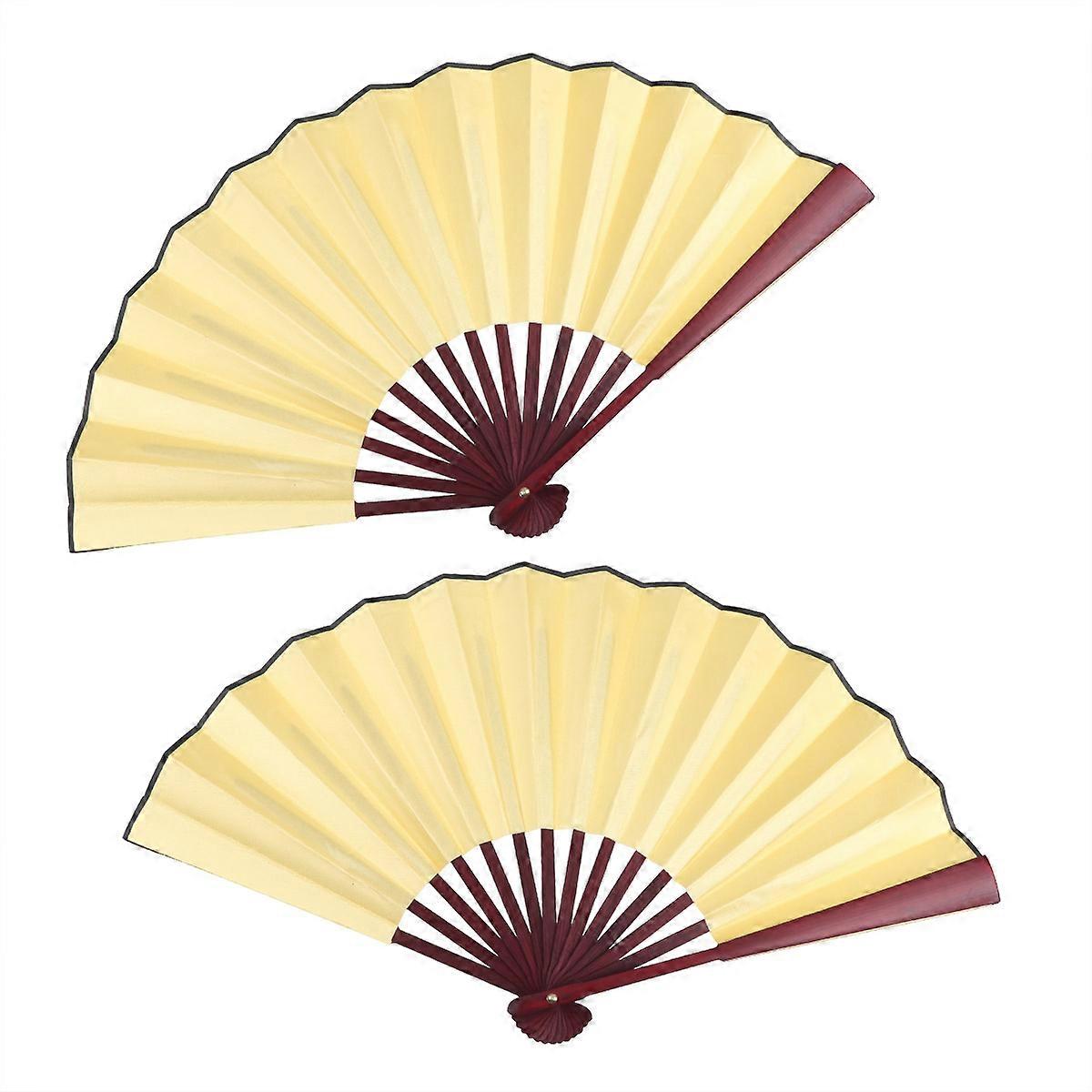 2 Pcs Chinese Style 8 Inch Light Yellow Fabric Folding Fans For Weddings And Dance Props With Noise-Free Functionality