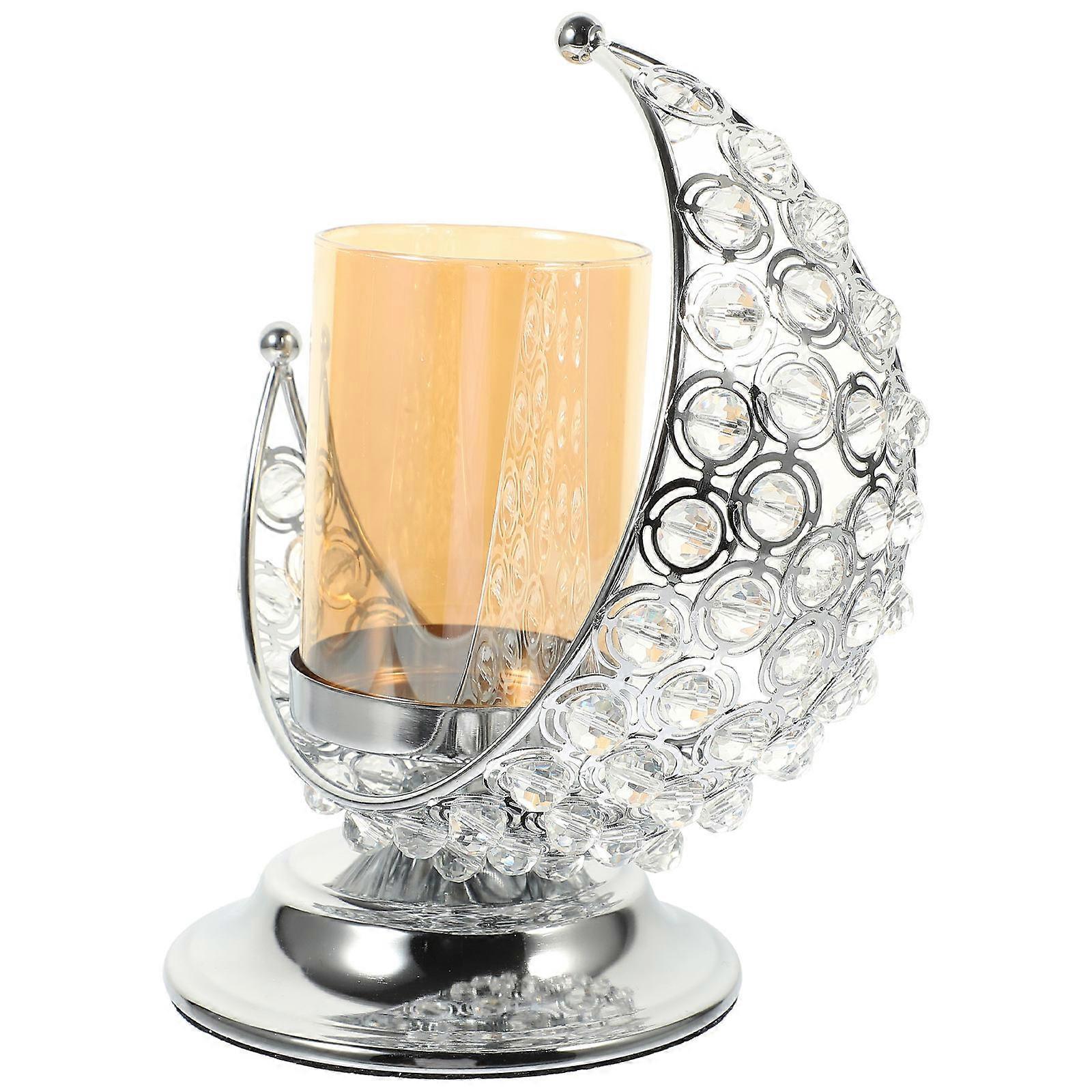Metal Candleholder Moon Shape Crystal Design 2Pcs for Tabletop