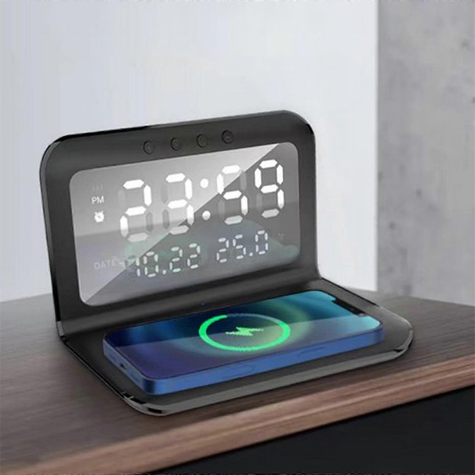 Alarm Clock with Wireless Charging & USB, Bedside Night Stand Clock with Alarm for Deep Sleepers, Compatible with iPhone