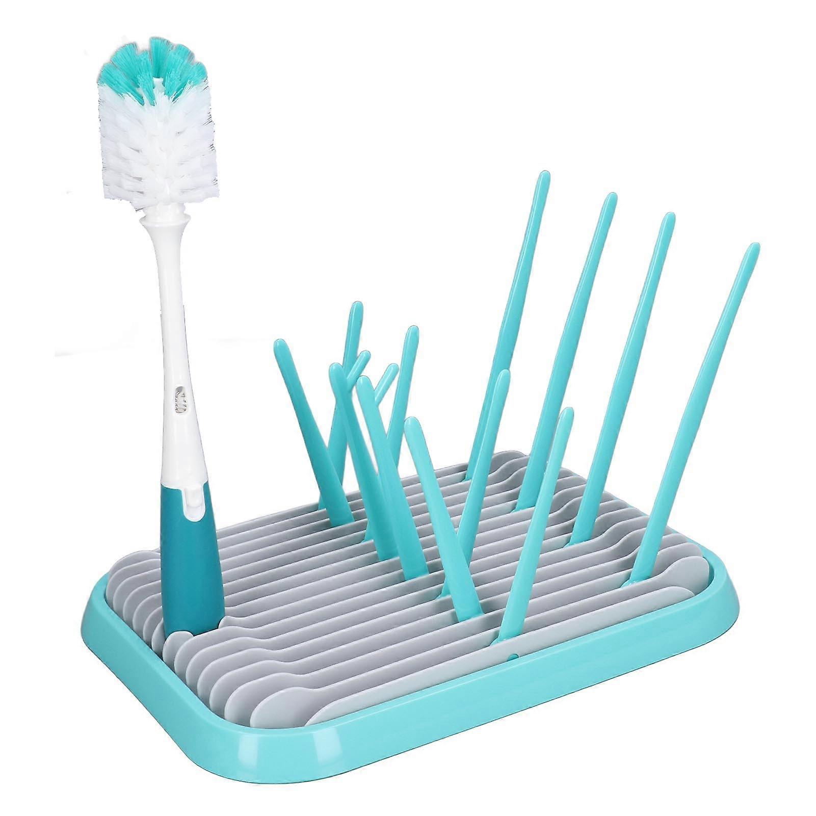 Baby Bottle Drying Rack with Cleaning Brush Safety Folding Space Saving Baby Bottle Drainer Rack Blue 