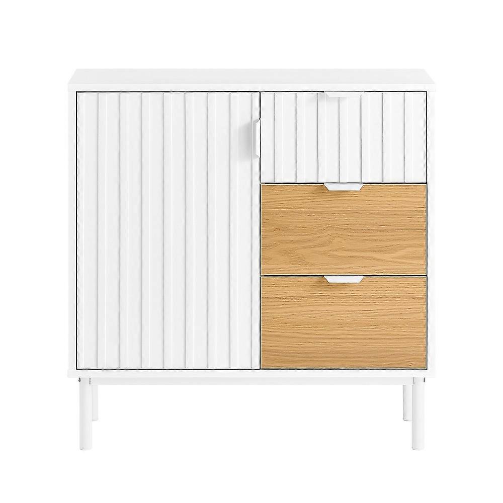 SoBuy FSB91-WN,White and Natural Console Table-Steel Legs Hall Table Sofa Table Side Table End Table Sideboard with 3 Drawer and Door for Display