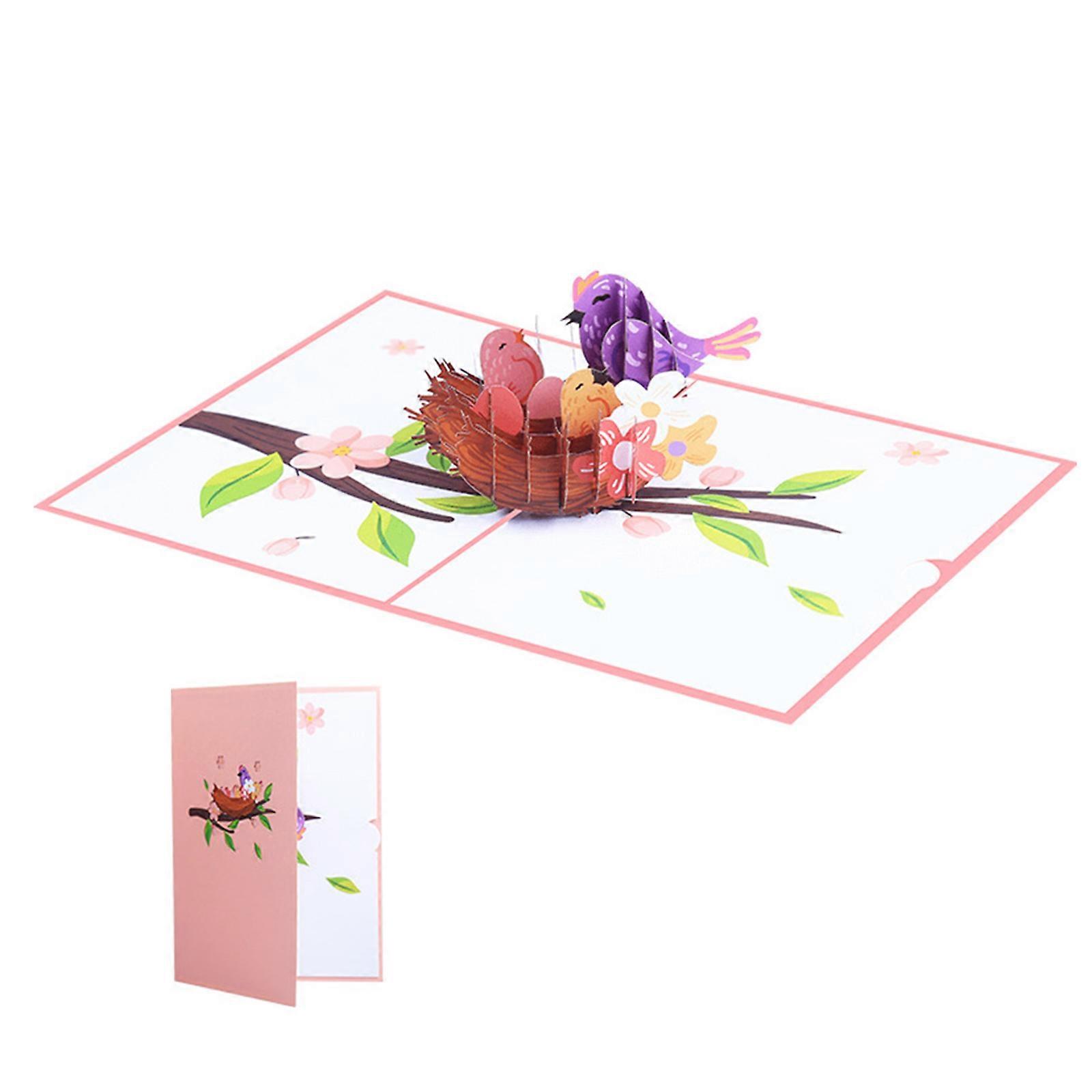 Unique 3D Foldable Card Feature Bird Nest with Birds and Blooms Branch Motifs for Mother Day and Birthday Blessing Multicolor