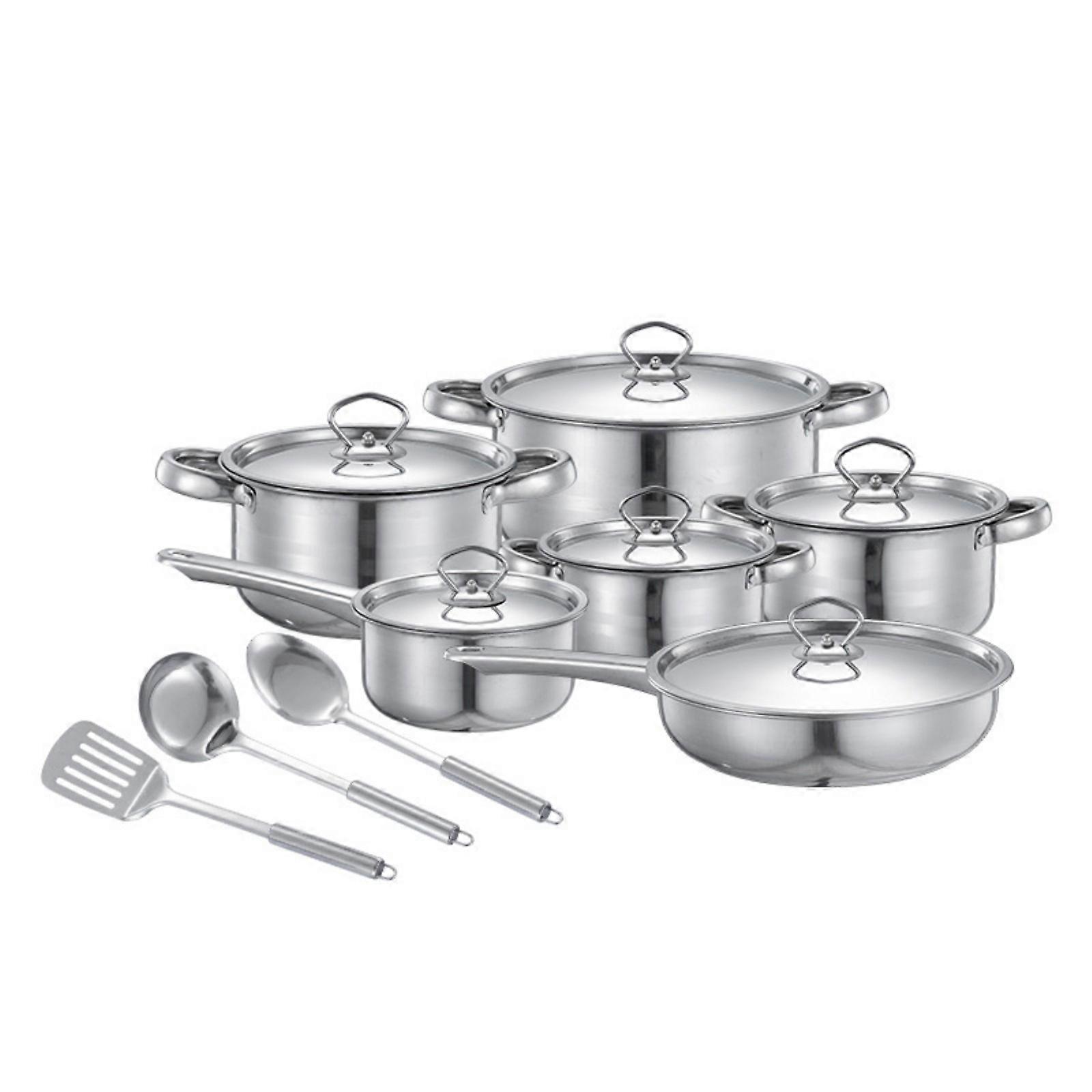 Modern Nonrust Steel Cooking Set Complete With 4 Soup Pot 2 Saute Pan 6 Lid And Utensils For Family Meal Preparation Multicolor